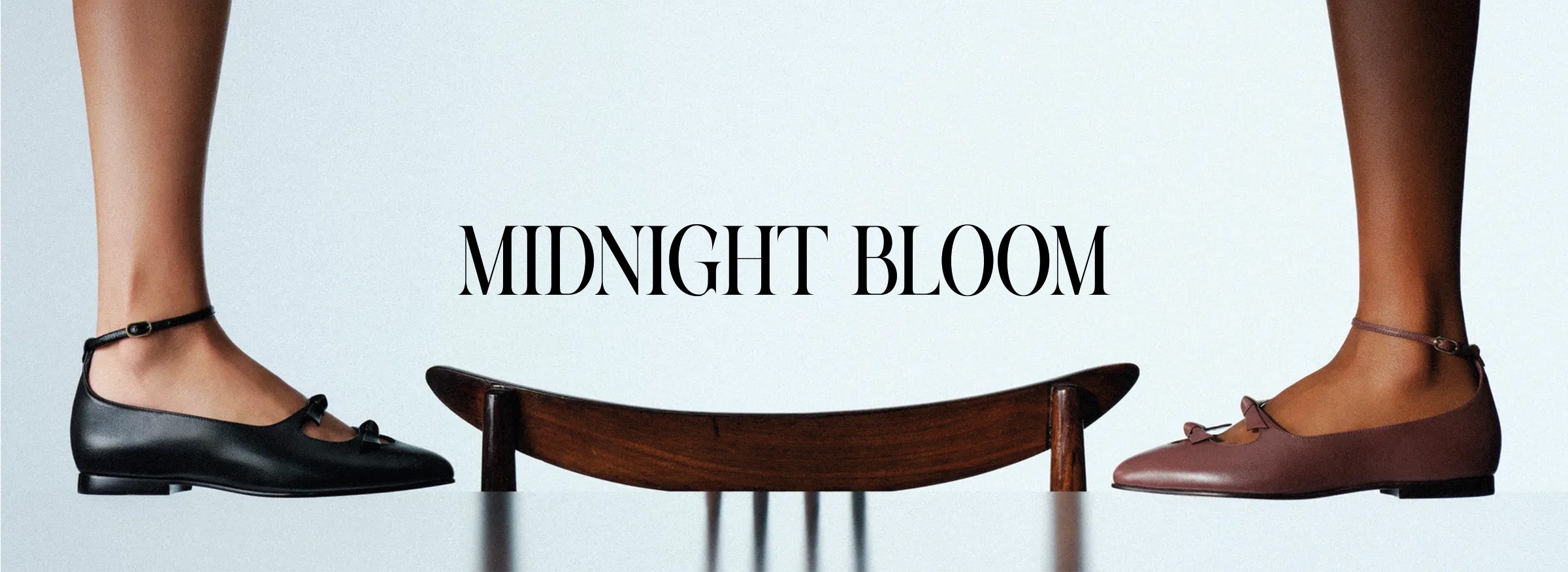  Close-up of crossed legs in jeweled strappy high heels against a dark brown background, with “MIDNIGHT BLOOM” in elegant white text. Tap to shop