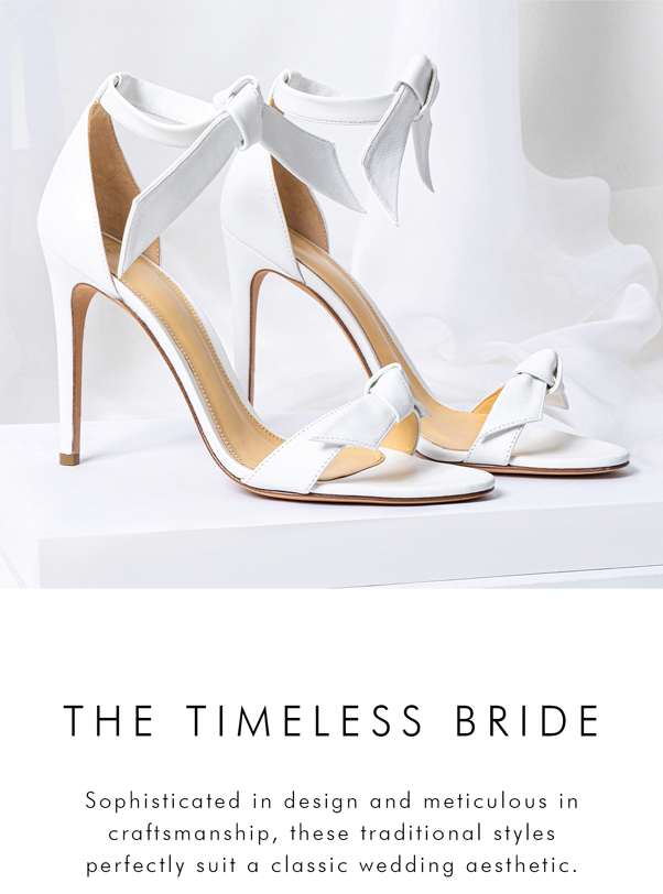 Timeless Bride's Choice: Clarita 75 White on white block with silk fabric backdrop. Text reads 'THE TIMELESS BRIDE. Sophisticated in design and meticulous in craftsmanship, these traditional styles perfectly suit a classic wedding aesthetic.' Celebrate classic wedding aesthetics with sophistication.