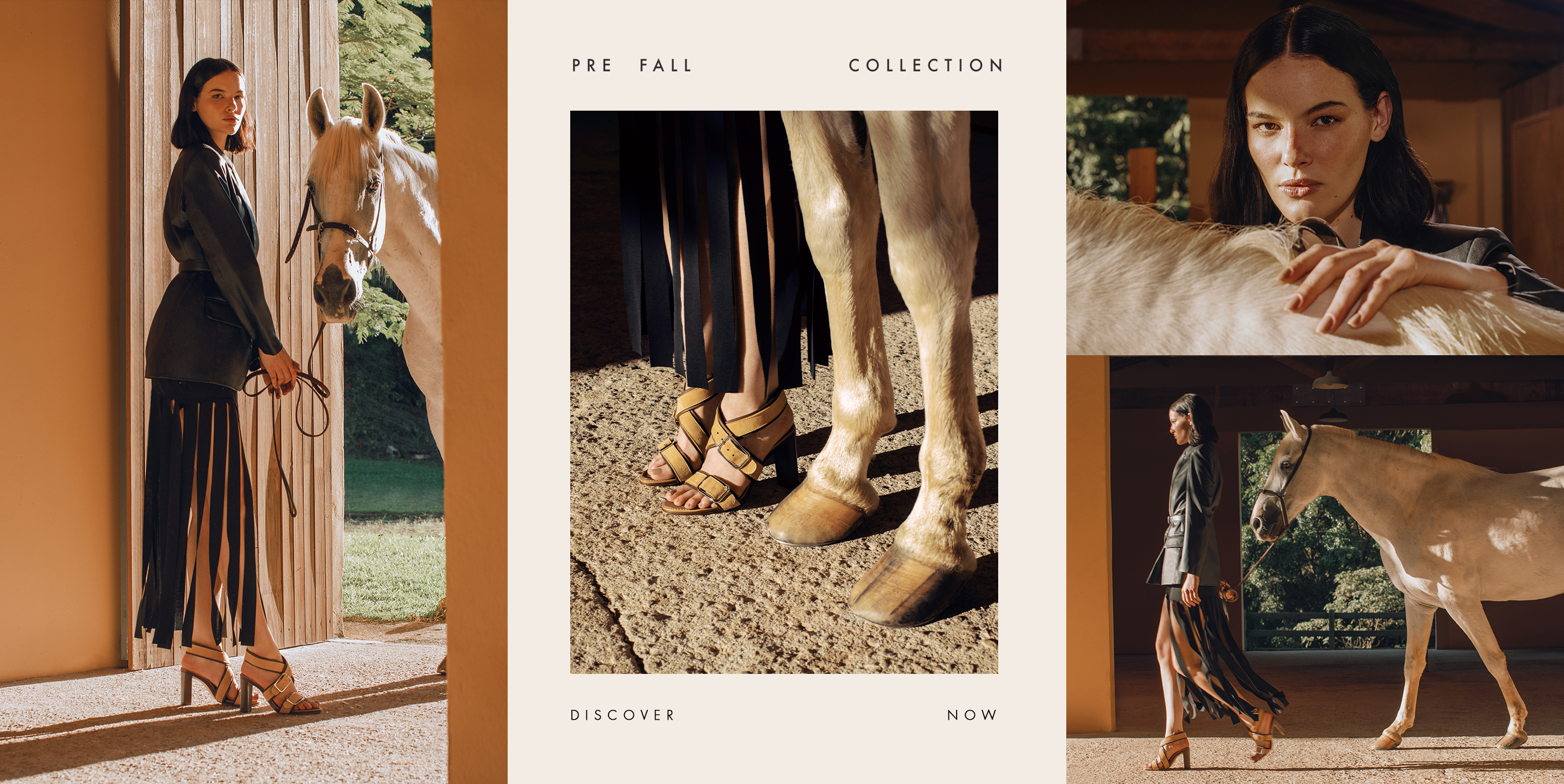Embrace Pre-Fall: Collage featuring a woman handling a white horse, wearing Effie Sandal in Butterscotch. Text reads 'PRE FALL COLLECTION DISCOVER NOW.