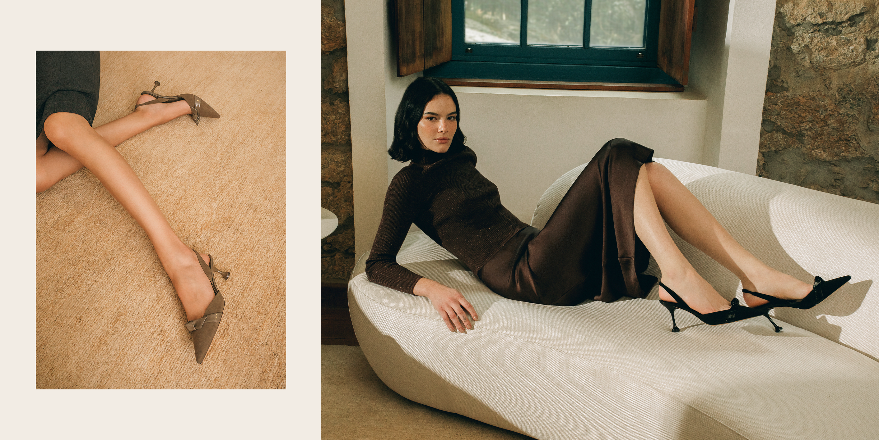 Sophisticated Ensemble: Woman in dark brown blouse and skirt, showcasing pointed toe Pump with iconic Clarita bow. Explore New Arrivals in Pre-Fall.