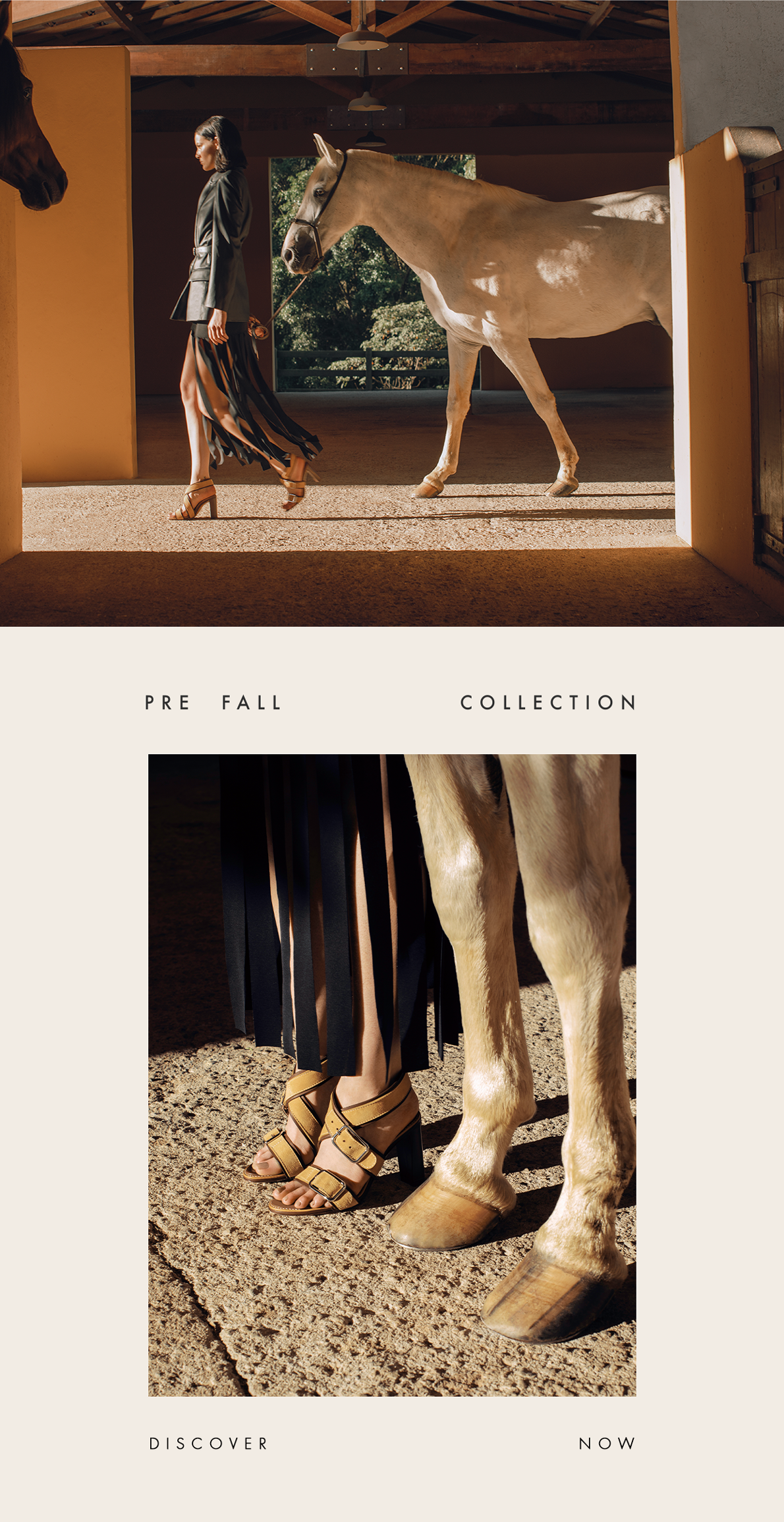 Embrace Pre-Fall: Collage featuring a woman handling a white horse, wearing Effie Sandal in Butterscotch. Text reads 'PRE FALL COLLECTION DISCOVER NOW.